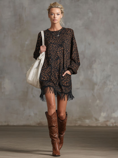 Leopard Print Faux Suede Fringed Crew Neck Long-sleeved Mini Dress