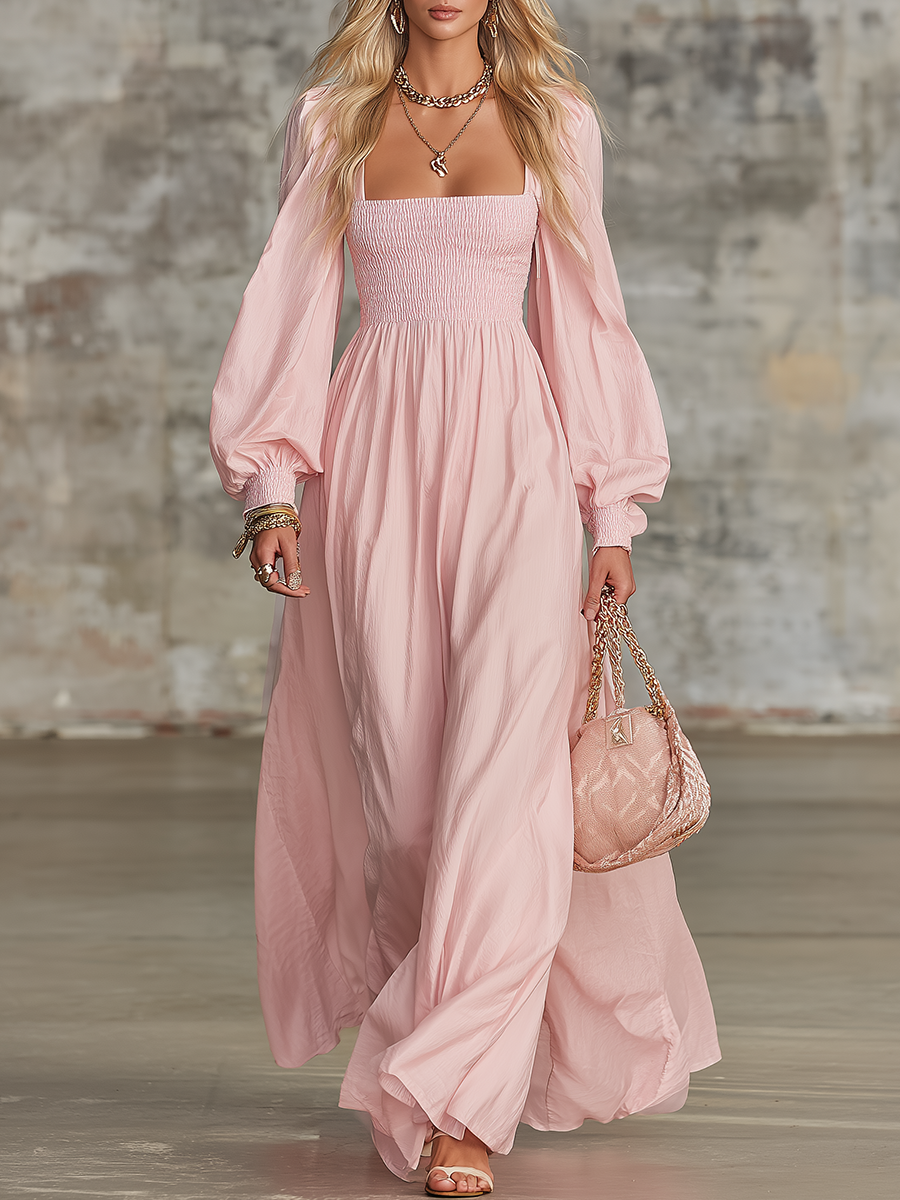 Bohemian-style Elegant Square-neck Lantern Sleeve Chiffon Maxi Dress