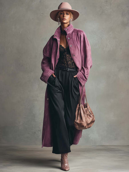 Vintage Elegant Exquisite High-necked Front Button Purple-red Suede Trench Coat