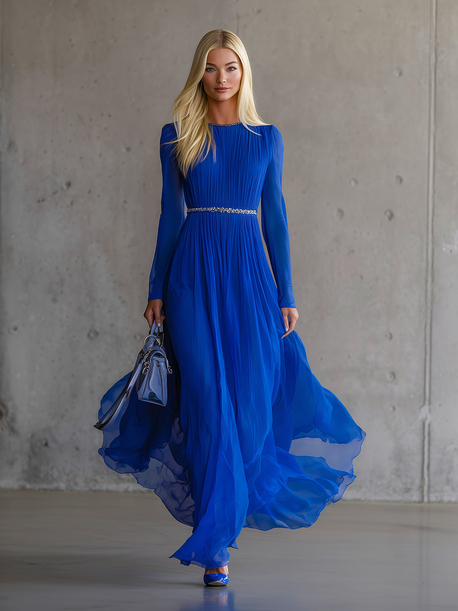 Elegant Blue Chiffon Patchwork Ribbon Maxi Dress