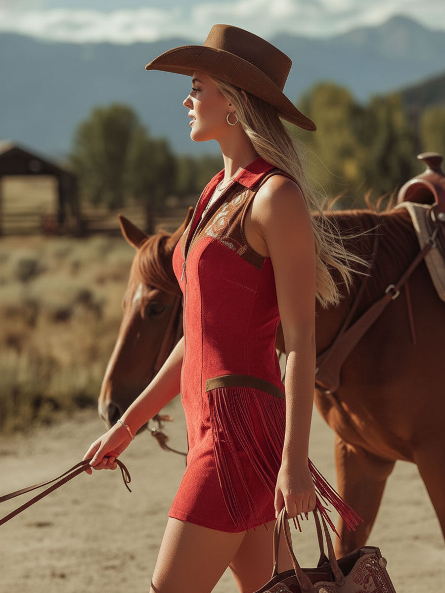 Western-style Color-blocked Faux Suede Embroidered Tassel Sleeveless Mini Dress