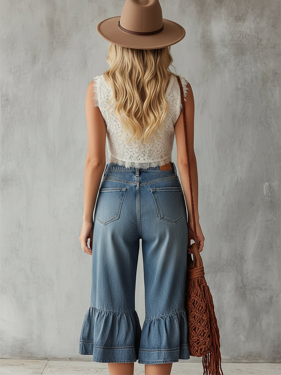 Trendy Street Style Ruffled Blue Denim Mid-length Pants