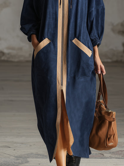Loose-fitting, Casual Beige-trimmed Navy Blue Faux Suede Hooded Maxi Dress