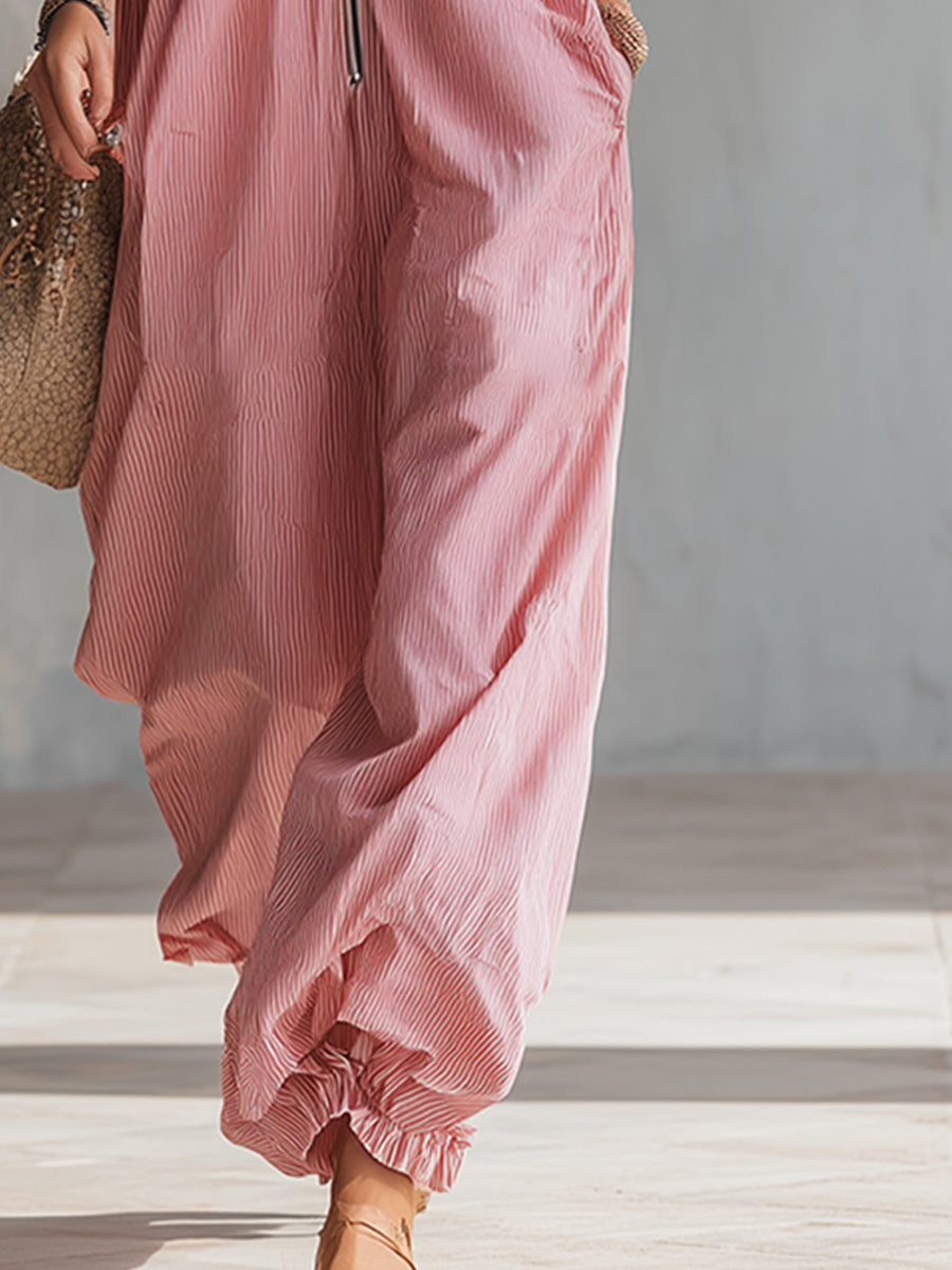 Stylish Oversized Pink Striped Overalls