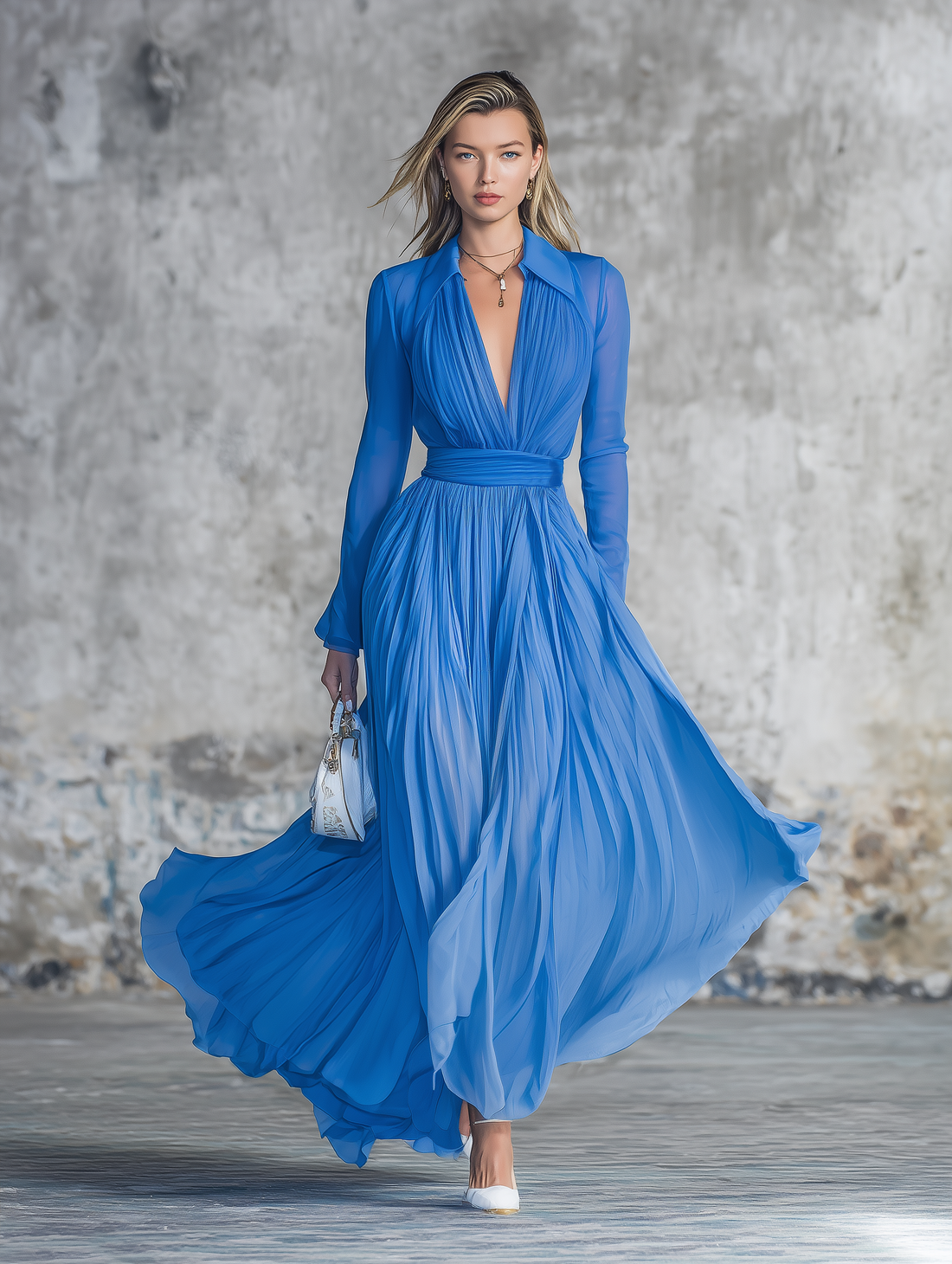 Stylish Blue Pleated Chiffon V-neck Maxi Dress