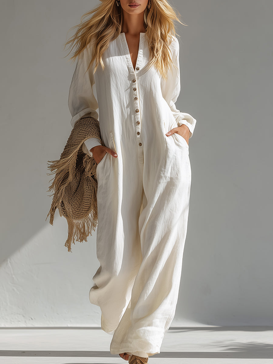 Elegant And Casual White Cotton And Linen Jumpsuit