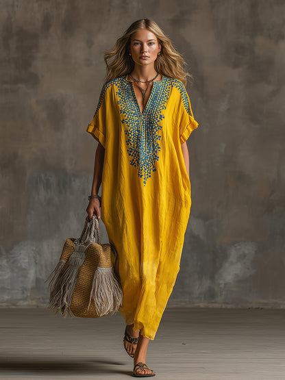Elegant And Exquisite Embroidered Yellow Cotton And Linen Short-sleeved Maxi Dress