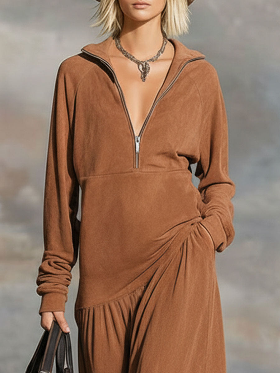 Collared Zipper Ruffle Cotton Long-sleeved Midi Dress