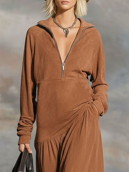 Collared Zipper Ruffle Cotton Long-sleeved Midi Dress