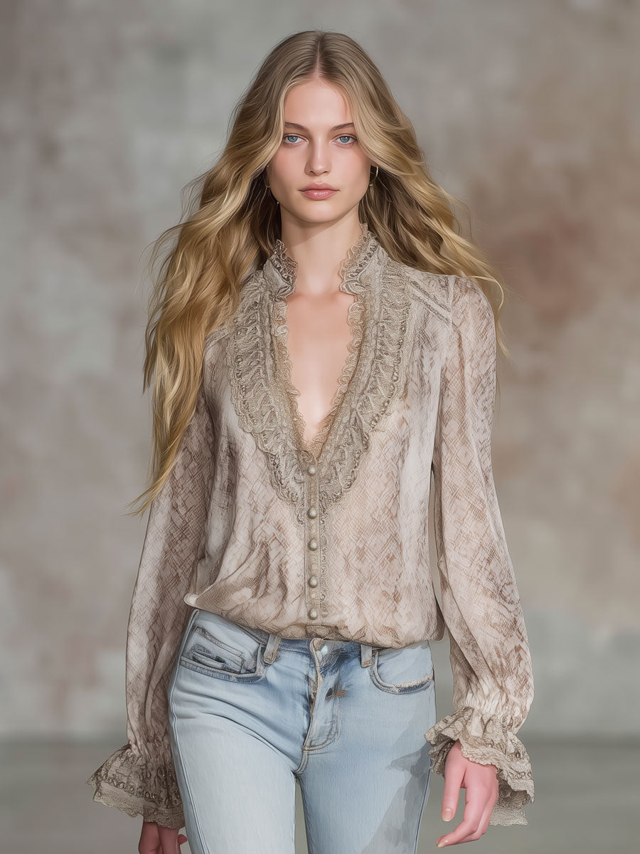 Retro Resort Snake Print Champagne Chiffon Long-Sleeve Shirt