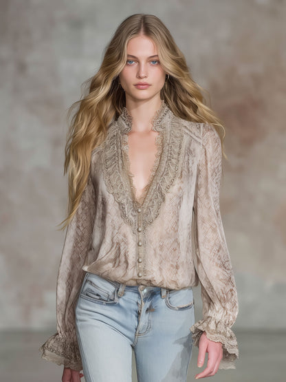 Retro Resort Snake Print Champagne Chiffon Long-Sleeve Shirt