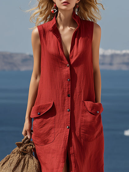 Retro-style Sleeveless Cardigan Red Cotton-linen Maxi Dress
