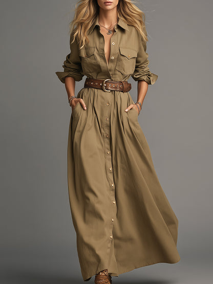 Casual Retro Button-front Khaki Maxi Dress