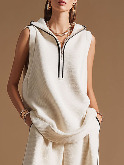 Casual Retro Black-trimmed White Knit Sleeveless Hooded Wide-leg Pants Set