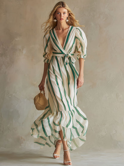 Stylish And Elegant Color-blocked Striped Chiffon Midi Dress