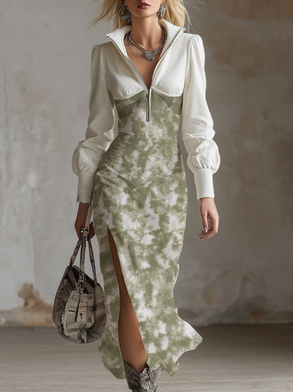 Elegant Sporty Green Tie-dye Half-zip Midi Dress