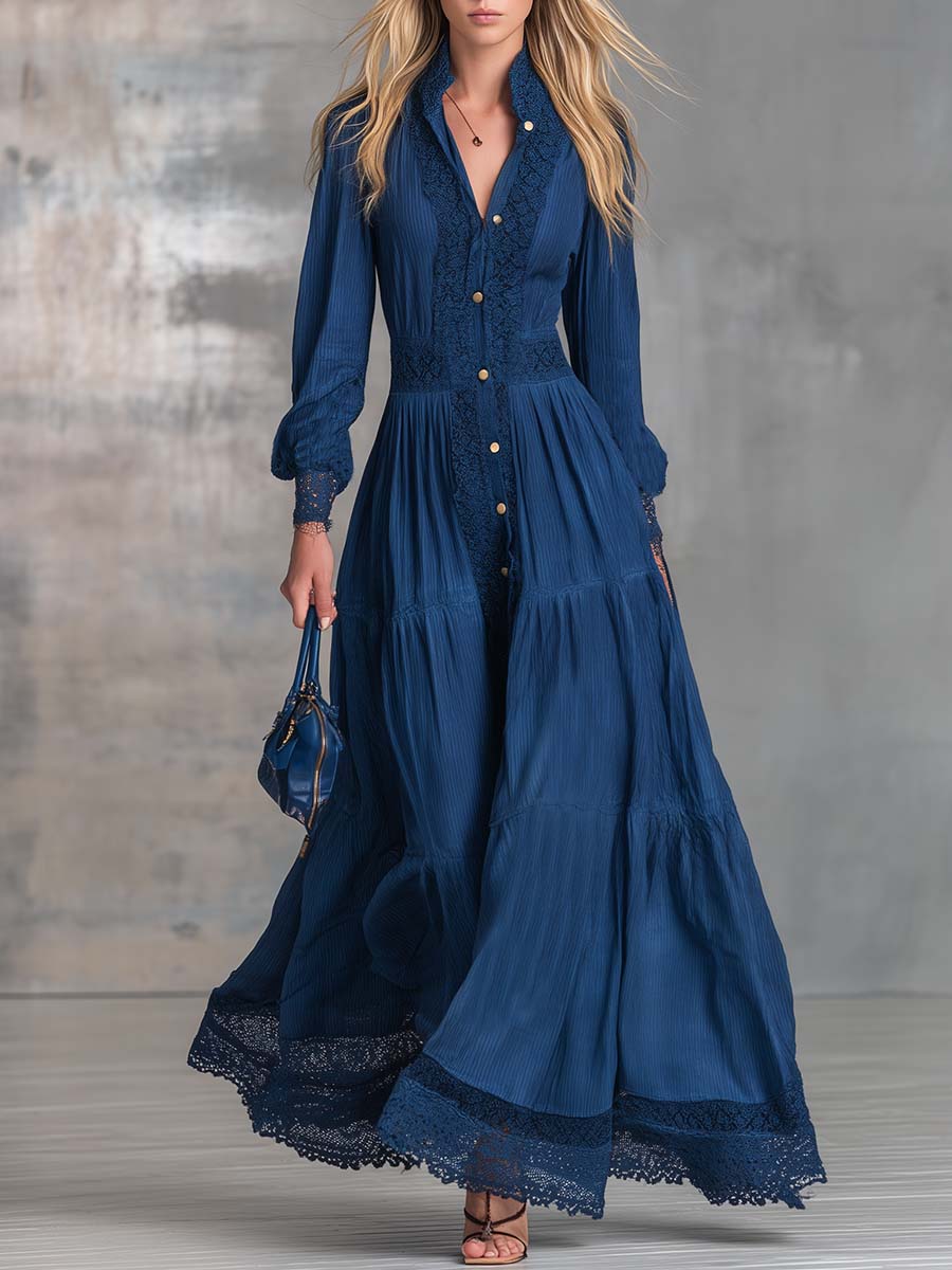 Elegant Vintage Western Front-button Lapel Lace-trimmed Dark Blue Cotton Maxi Dress