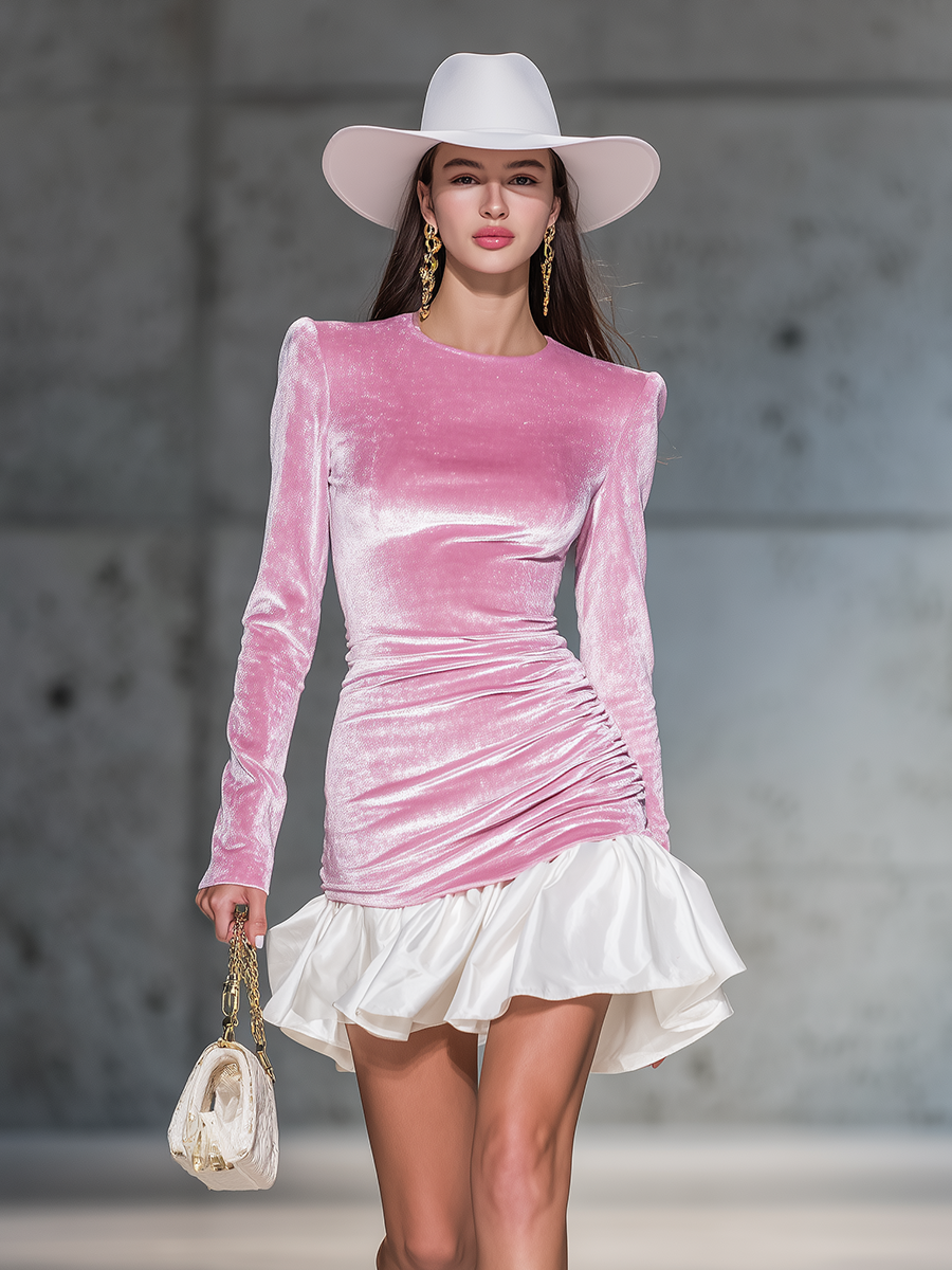 Vintage Charming Elegant Round-neck Velvet Ruffled Patchwork Satin Mini Dress