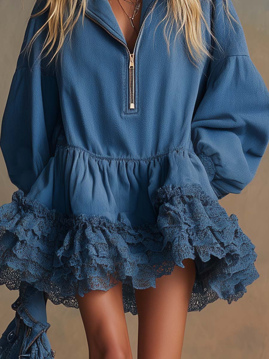 Elegant Vintage Western Hooded Front Zipp Multi-layered Lace Ruffle Hem Blue Denim Mini Dress