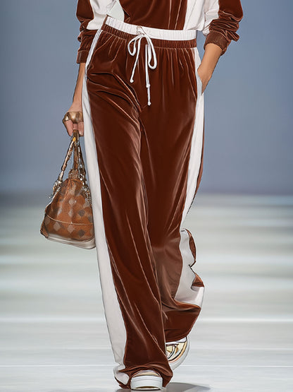 Lapel Collar Zip-up Color-blocked Velvet Set