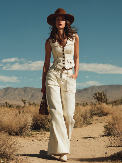 Stylish Western-style White Denim Vest And Wide-leg Pants Set
