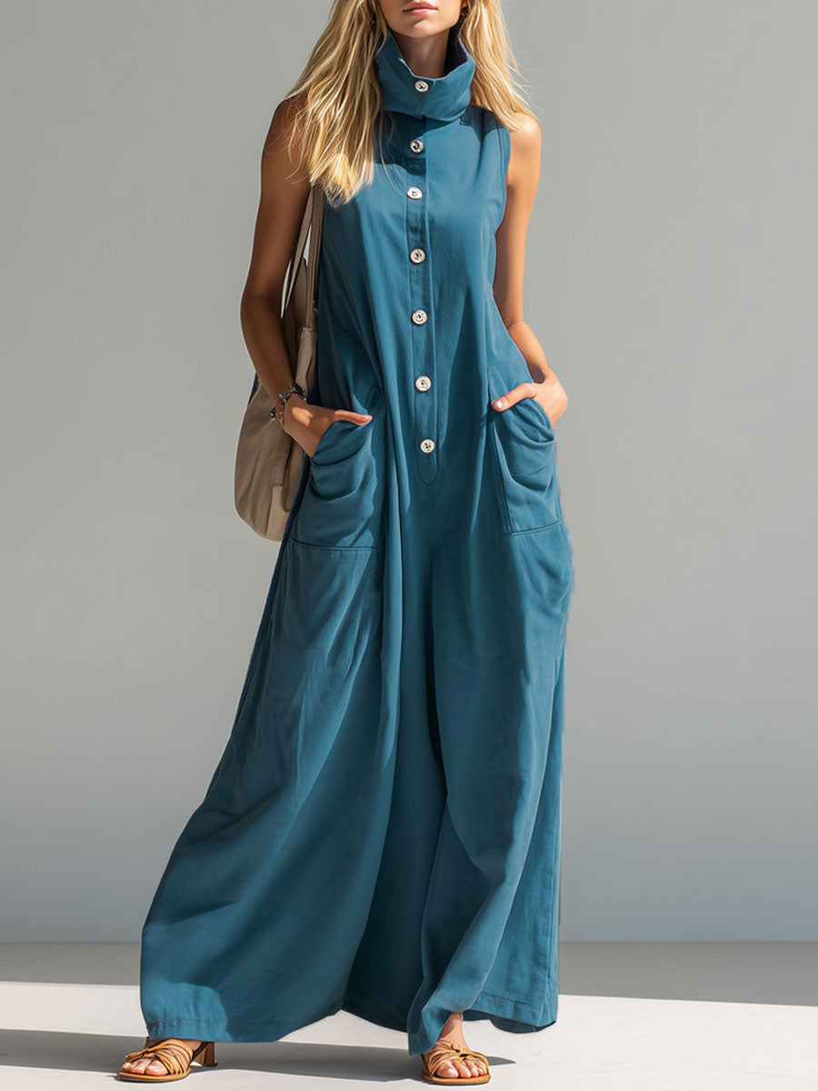 Loose-fitting High-neck Button-front Double-pocket Sleeveless Maxi Dress