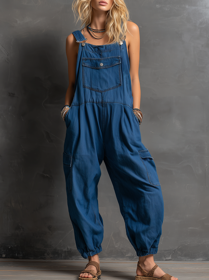 Retro Casual Lazy Chic Multiple Pockets Tapered Leg Opening Denim Overalls