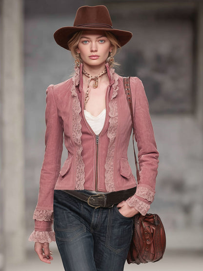 Stand-up Collar Lace Trim Zipper Faux Suede Jacket