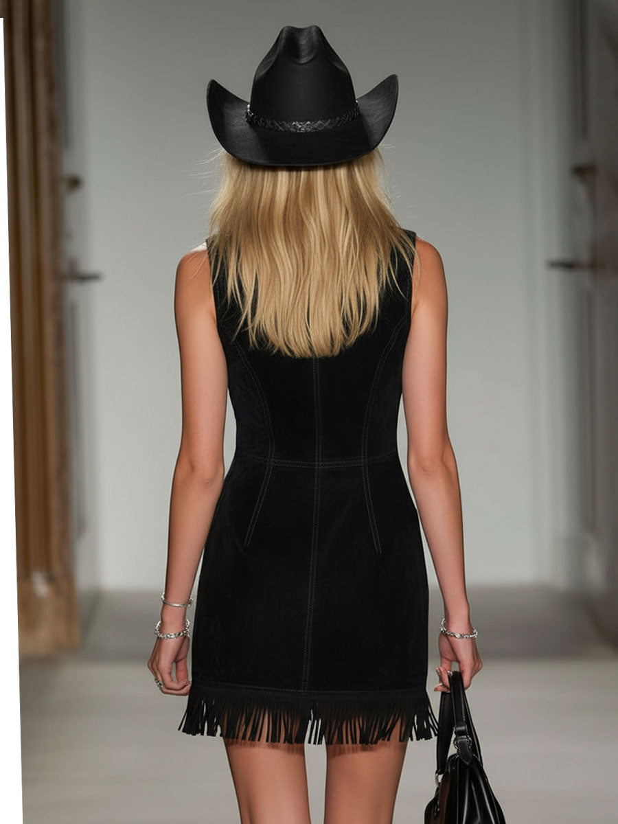 Black Faux Suede Vintage Floral Embroidered Zip-up Mini Dress