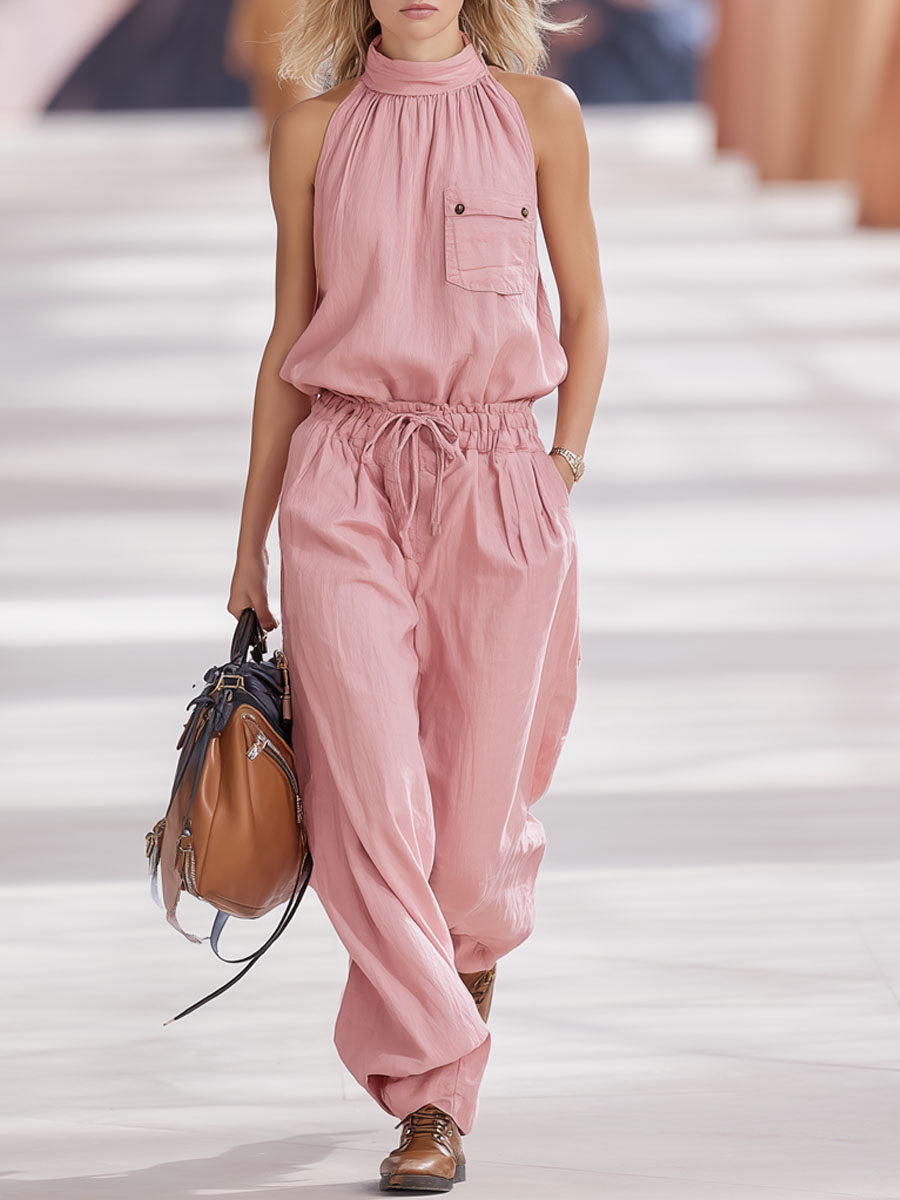 Pink High-neck Sleeveless Top And Trousers Cotton And Linen Set