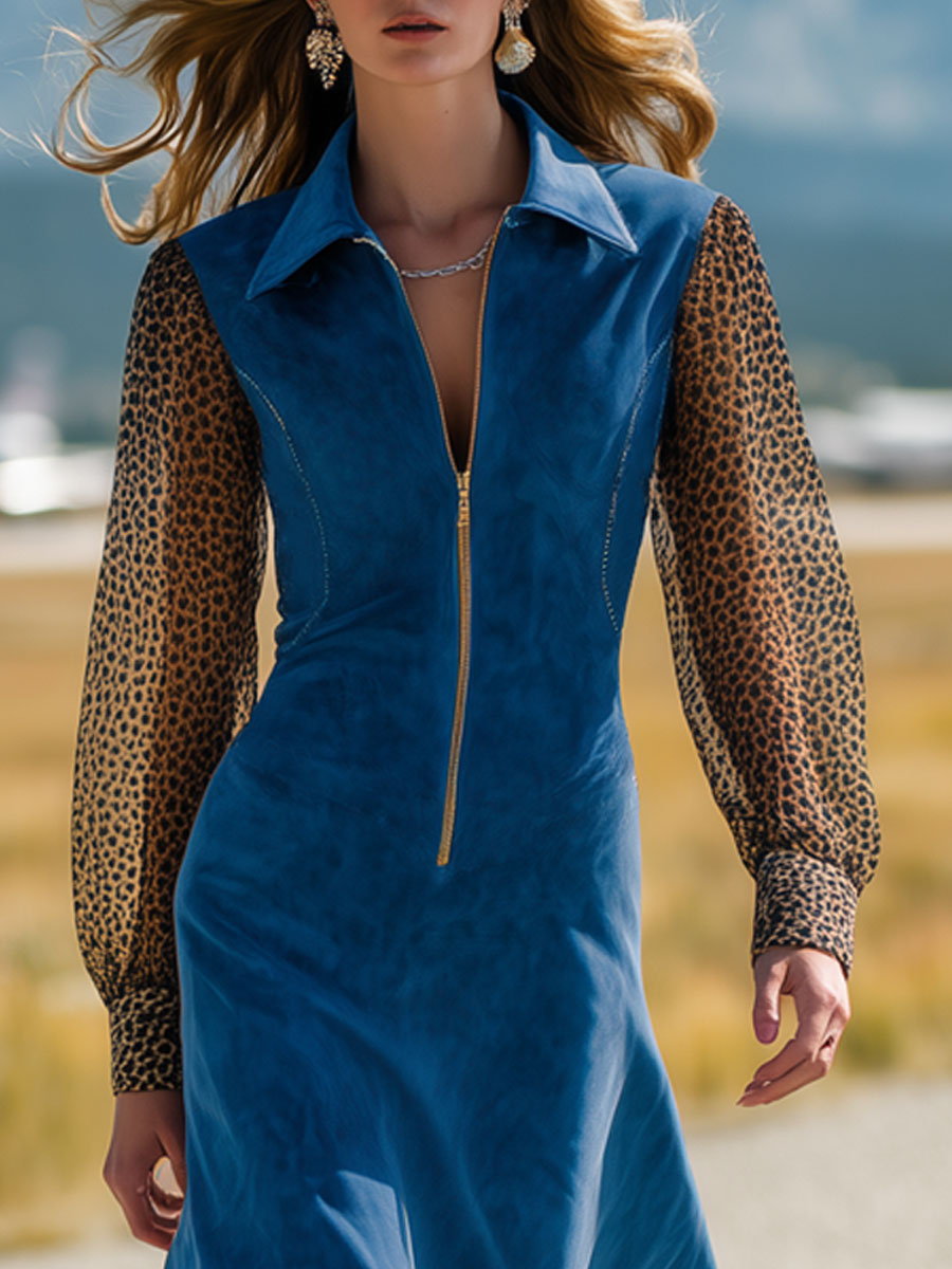 Western Retro Leopard Print Chiffon Long-Sleeved Blue Faux Suede Tassel Midi Dress