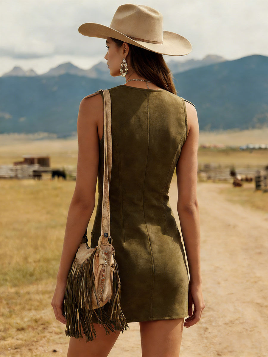 Western-style Retro Embroidered Olive Green Sleeveless V-neck Faux Suede Mini Dress