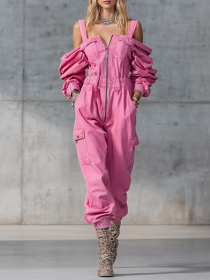 Stylish And Modern Long-sleeved Strappy Tapered Legs Pink Denim Jumpsuit