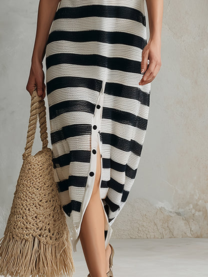 Stylish And Classic Striped Lightweight Knit Sleeveless Midi Dress