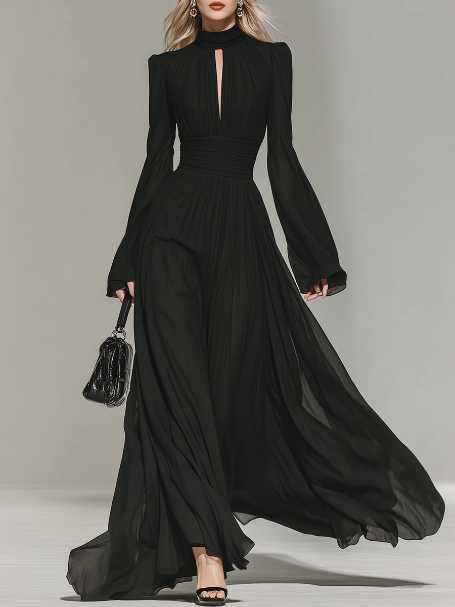 Retro Elegant Stand-up Collar Chiffon Maxi Dress