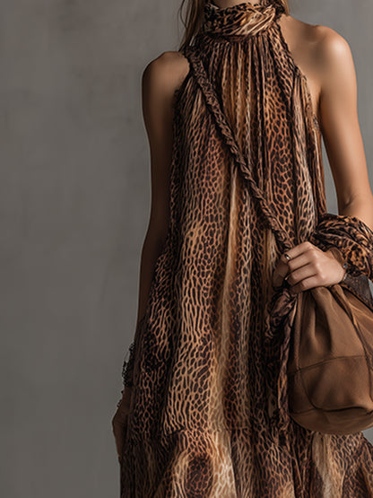 Elegant Urban Brown Leopard Print Chiffon Halter Neck Maxi Dress