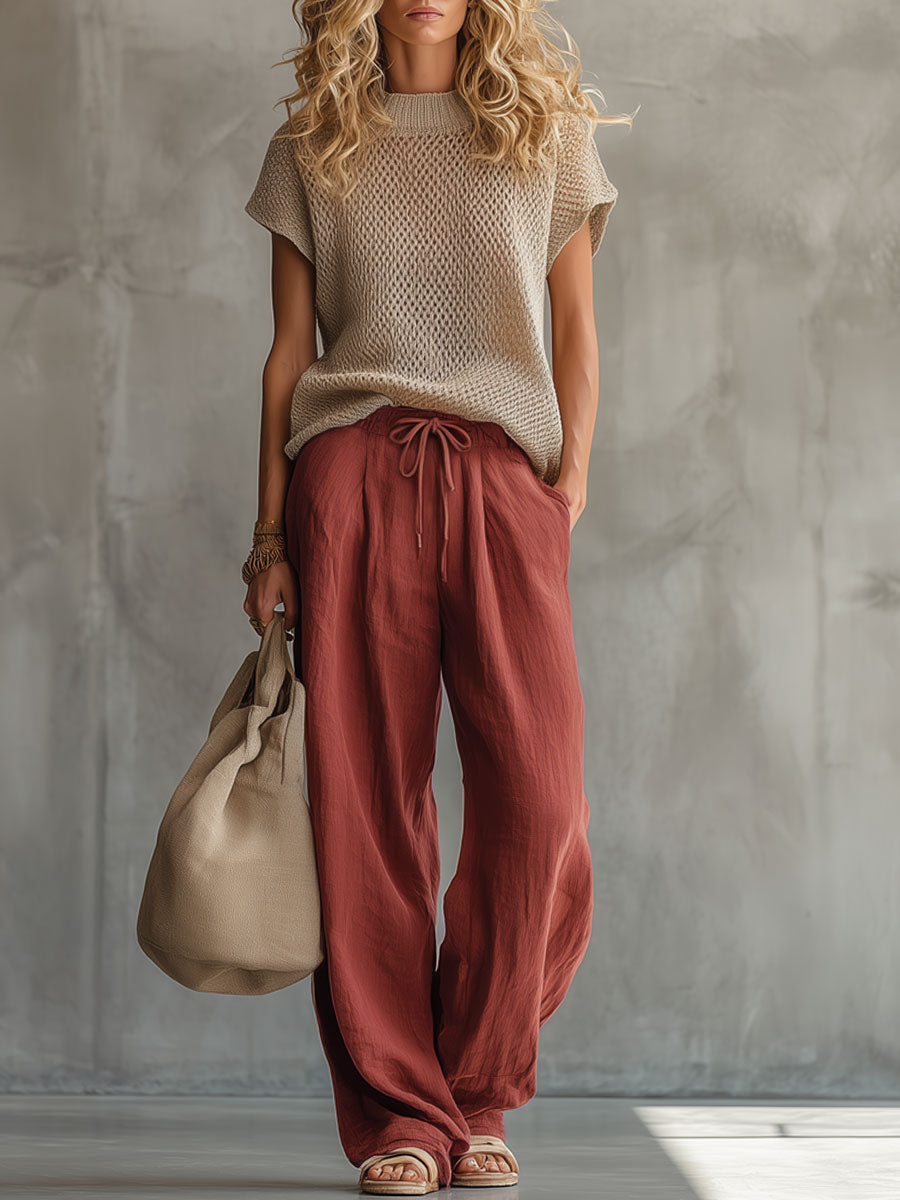 Retro Short-sleeved Knit Top And Brick Red Cotton Linen Wide-leg Pants Set