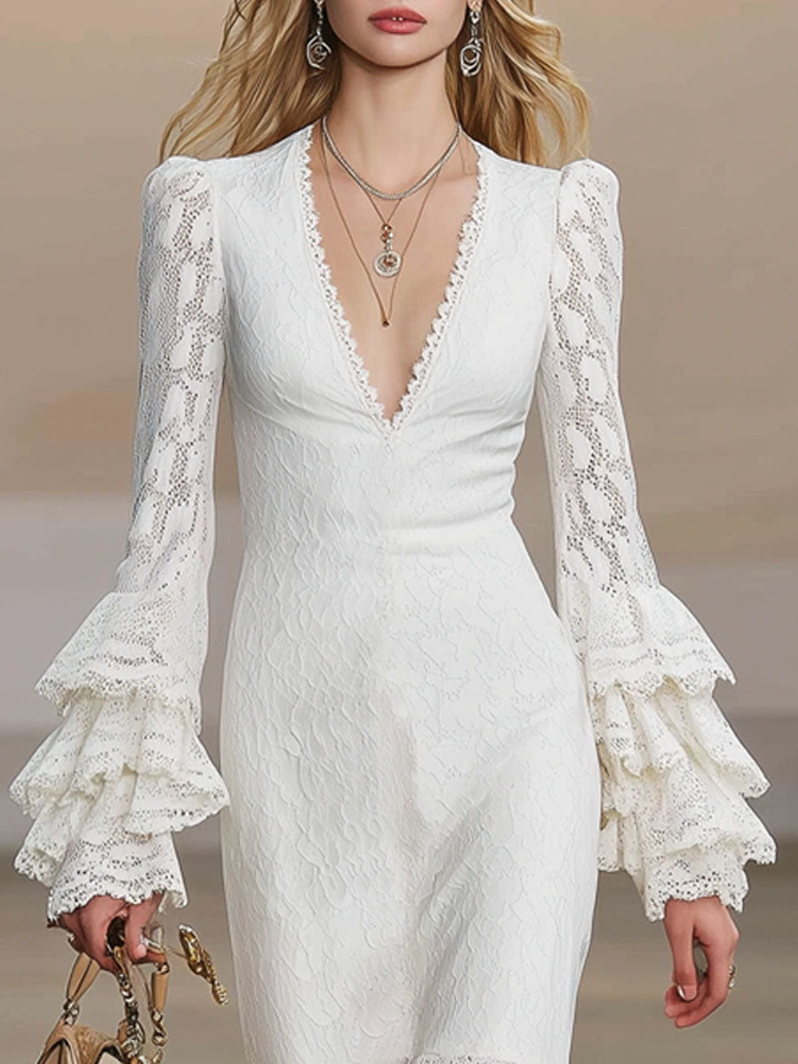 V-neck Lace Ruffle Long-sleeved Midi Dress