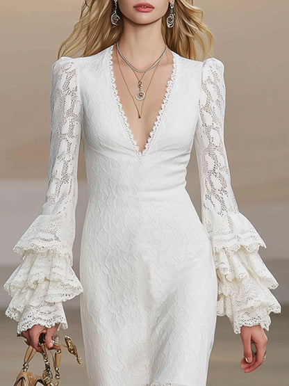 V-neck Lace Ruffle Long-sleeved Midi Dress