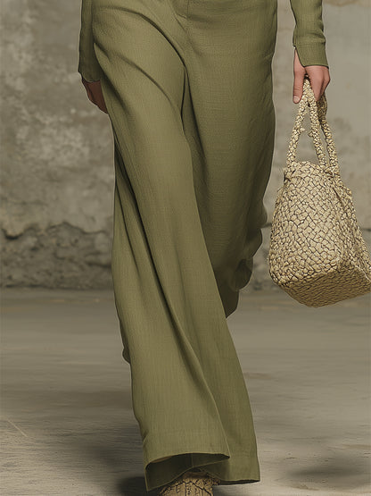 Western-style Olive Green Linen Zip-up Top And Wide-leg Pants Set