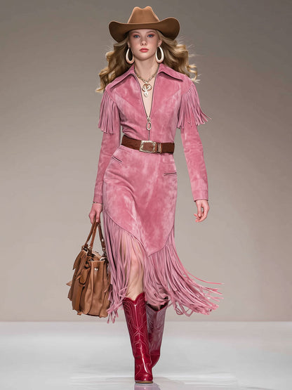 Western Retro Tassel Pink Faux Suede Long-Sleeved Midi Dress
