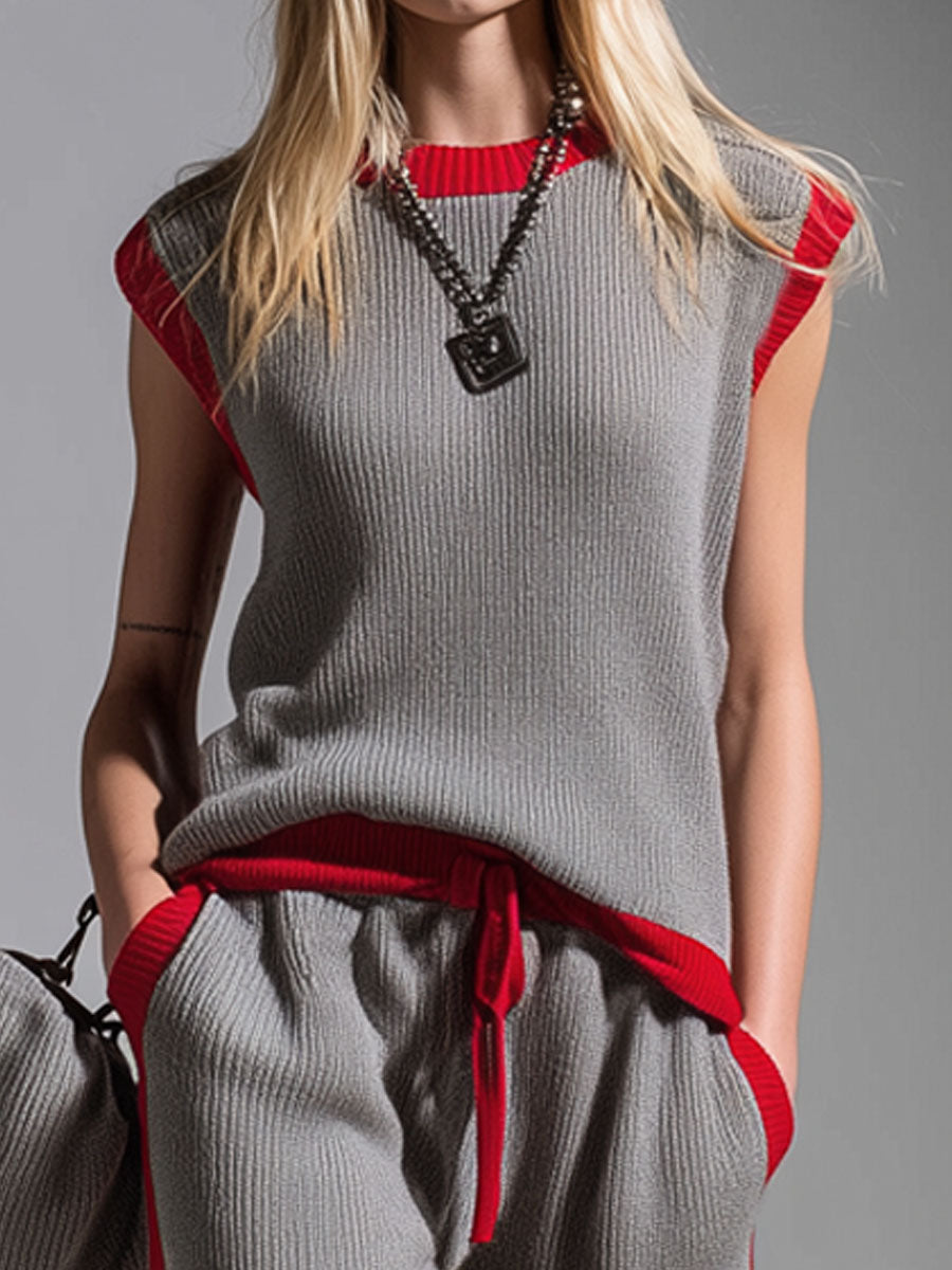 Color-blocked Crew Neck Sleeveless Top And Pants Knitted Set