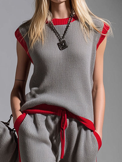 Color-blocked Crew Neck Sleeveless Top And Pants Knitted Set