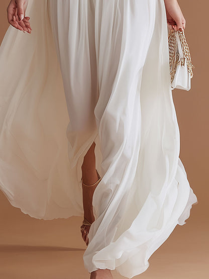 Elegant Vacation-style White Halter Neck V-neck Chiffon Maxi Dress