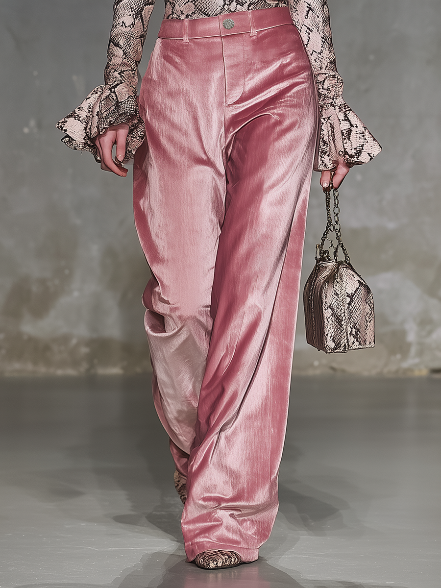 Retro Western-style Snake Print V-neck Ruffled Pink Velvet Top And Wide-leg Pants Set
