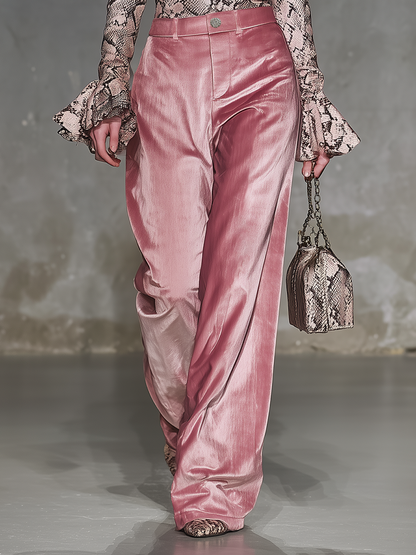 Retro Western-style Snake Print V-neck Ruffled Pink Velvet Top And Wide-leg Pants Set