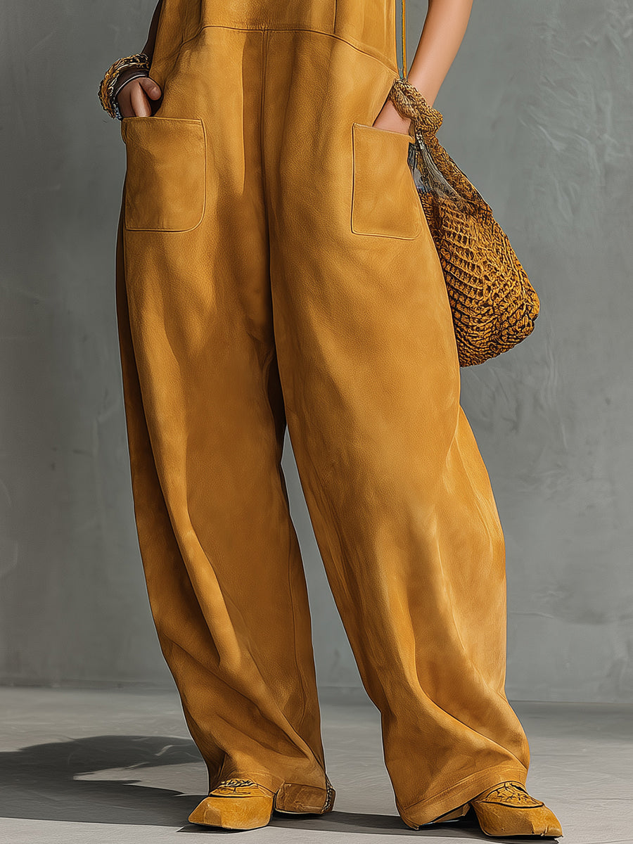 Retro Western Style Round Neck Sleeveless Faux Suede Jumpsuit