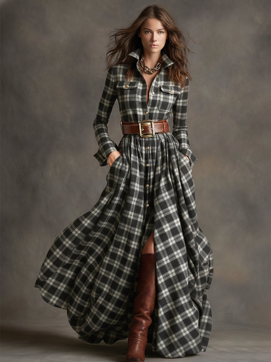brown plaid maxi dress Women's Plaid Long-sleeve Shirt Dress With Belt | Ankle-length Button-down Maxi Dress | Autumn Street Style Dress | Birthday Gift