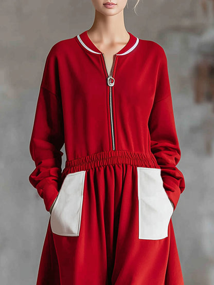 Loose-fitting Sporty Style Double-pocket Zip-up Long-sleeved Midi Dress