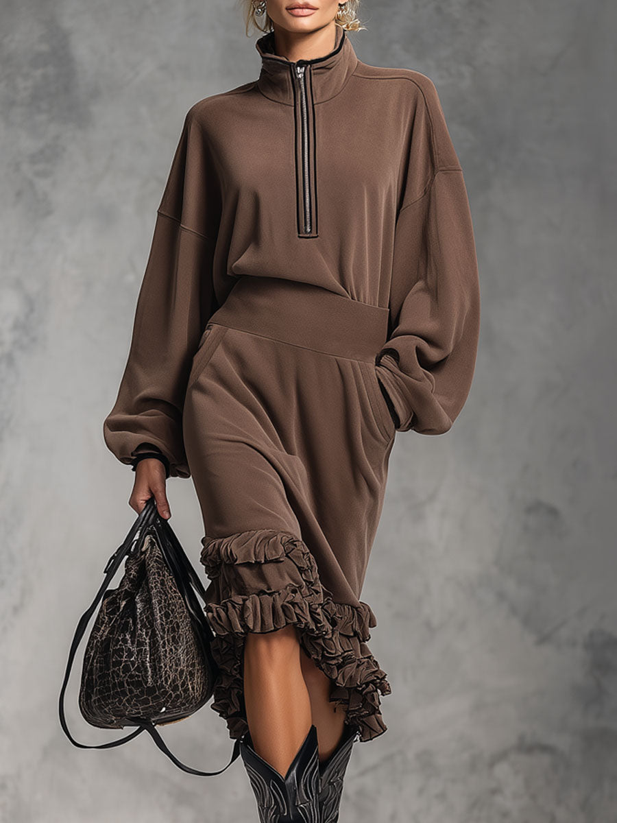 A Loose-fitting Stand-up Collar Zip-up Top And Ruffled Skirt Set.